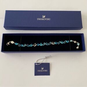 New in Box $249 Swarovski Gema Blue Clear Color Crystals Silver Tone Bracelet